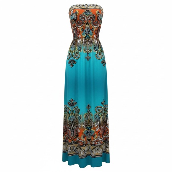 VENUS Dresses & Skirts - Venus Womens Small Paisley Smocked Strapless Maxi Dress Turquoise Orange Boho